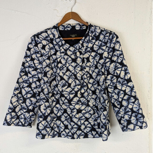 Talbots Printed Swing Blazer Womens 12 Petite Blue Tie Dye Florals Retro Office - Picture 1 of 6